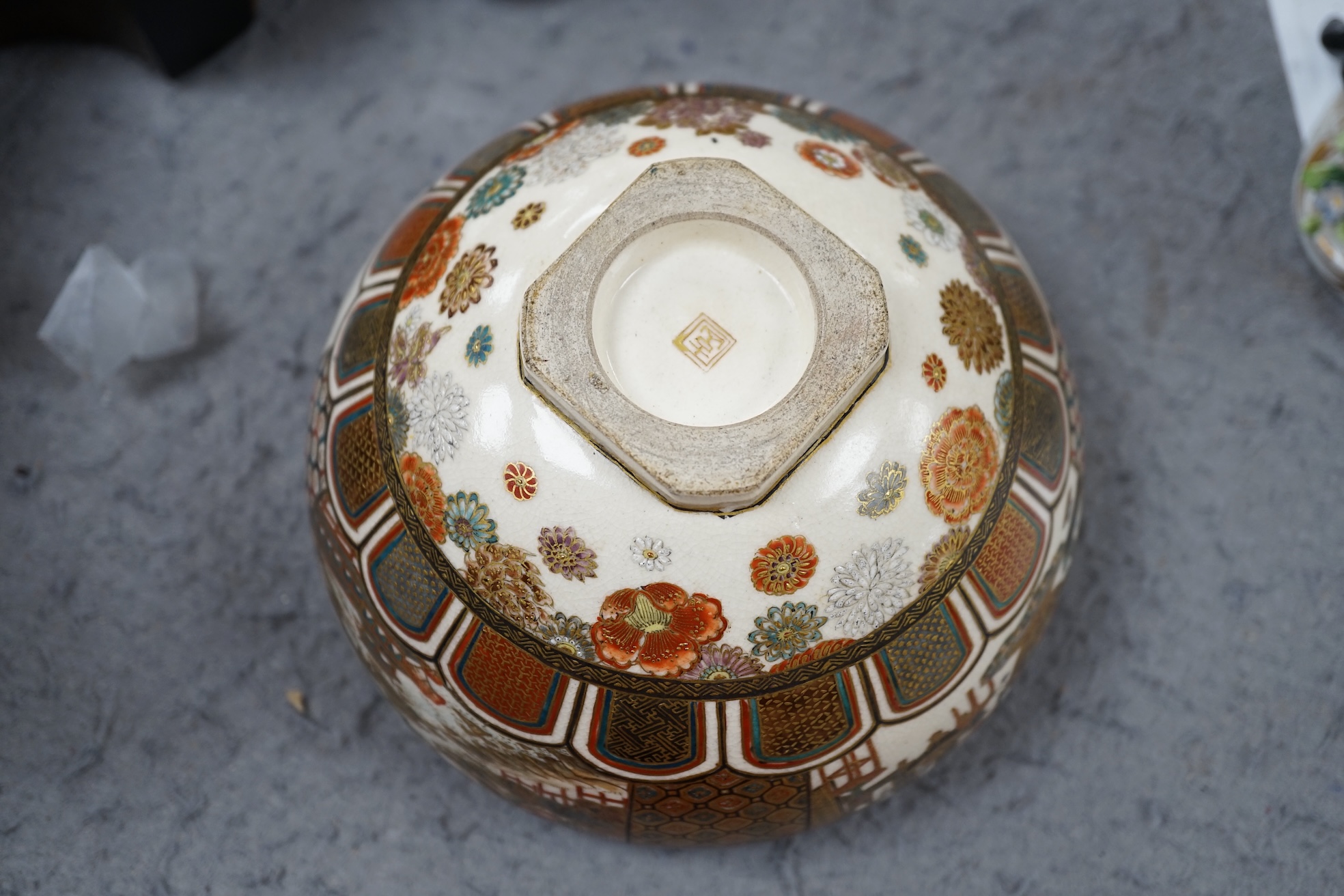 A Satsuma pottery bowl, Meiji period, 13cm diameter. Condition - cracked and chipped